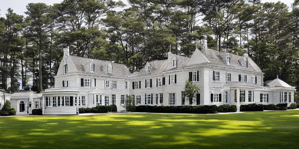 Image similar to grey brick wooden cape cod with pine trees and tile white black mansion by mcalpine house, by jackson & leroy architects