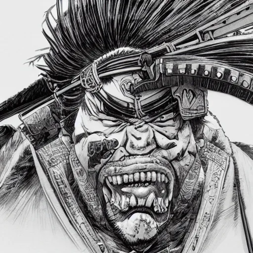 Image similar to a close up of an enraged samurai, stunning details, by kim jung gi