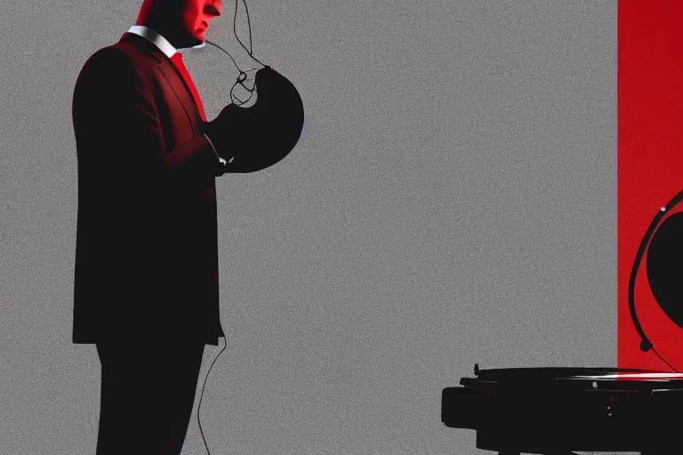 Image similar to a portrait of agent 4 7 from hitman wearing headphones and putting a vinyl record onto a turntable, dark background, red rim light, digita, l