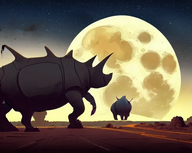 Image similar to a cell shaded cartoon of a lovecraftian mechanized rhino on a desert road, in front of a big moon illustration, wide shot, subtle colors, post grunge, studio ghibli, david rubin, mike mignola, laurie greasley, highly detailed, sharp focus, trending on artstation, hq, deviantart, art by artgem