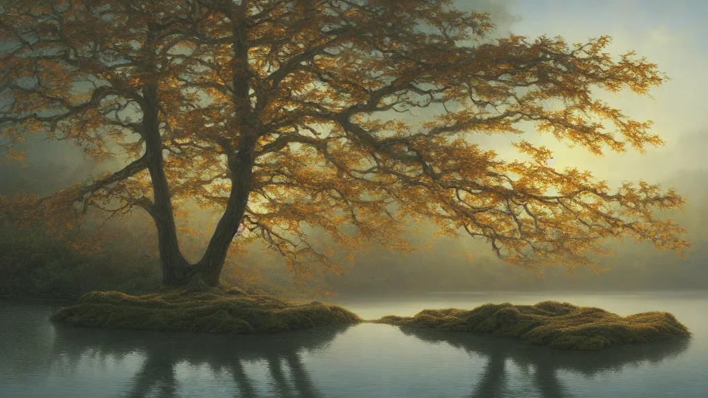 Image similar to a cinematic hyperrealism highly detailed photograph of maple tree beside the lake, by christophe vacher, trending on artstation, 4 k hd wallpaper premium prints available.