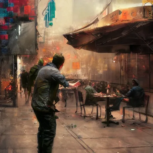 Prompt: a realistic hyperdetailed multi - colored digital oil full body portrait painting of a man playing warzone outside at a restaurant, beer in hand, in the style of guy denning, ruan jia, and craig mullins. trending on artstation and deviantart. cgsociety digital art.