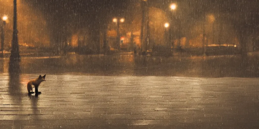 Prompt: a fox in front of a bus stand bench on a rainy night, detailed, 8 k, trending on artstation