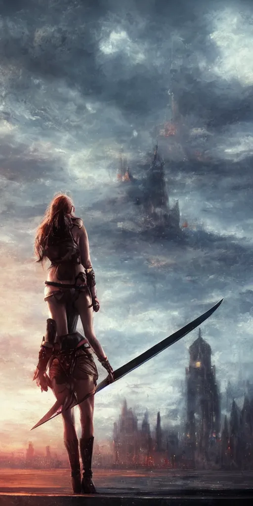 Image similar to back shot of a beautiful girl worrior gazing back, holding two swords. standing on wet road by wlop. artstation contest winner, cinematic paint. lower shot. dramatic cloud and ruined city in background.