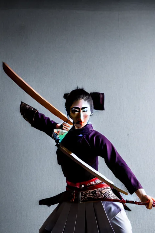 Image similar to highly detailed beautiful photo of a young female samurai, practising sword stances in a temple, symmetrical face, beautiful eyes, realistic anime art style, 8 k, award winning photo, pastels, action photography, 1 / 1 2 5 shutter speed, dramatic lighting