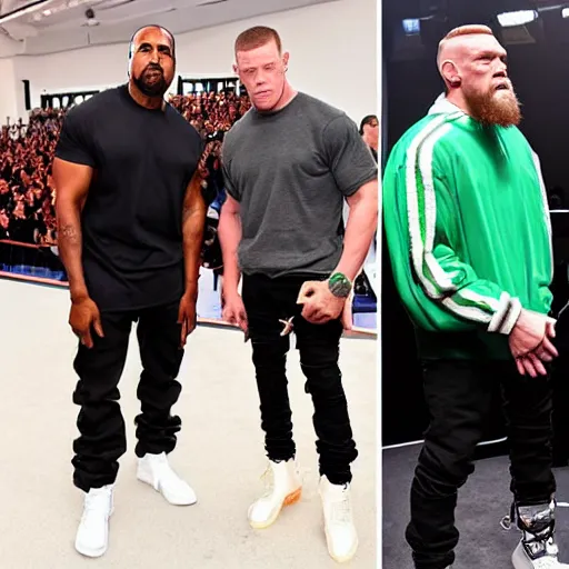 Prompt: kanye west, john cena, conor mcgregor all hanging out