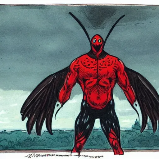 Image similar to ripped physique telekinesis man disguised as a mothman whilst wearing a fireman costume transmetropolitan jen bartel winslow homer darick robertson staedtler