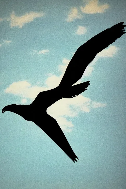 Prompt: silhouette of an eagles talon against the backdrop of the sky and ocean, mid century art