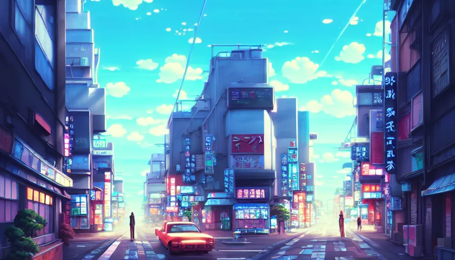 Image similar to A highly detailed digital art painting of Tokyo street, shimmering cloudy sky by Studio Ghibli, Makoto Shinkai, (((Makoto Shinkai))) by Artgerm, by beeple, volumetric lighting, octane render, 4K resolution, trending on artstation, masterpiece, vivid colours