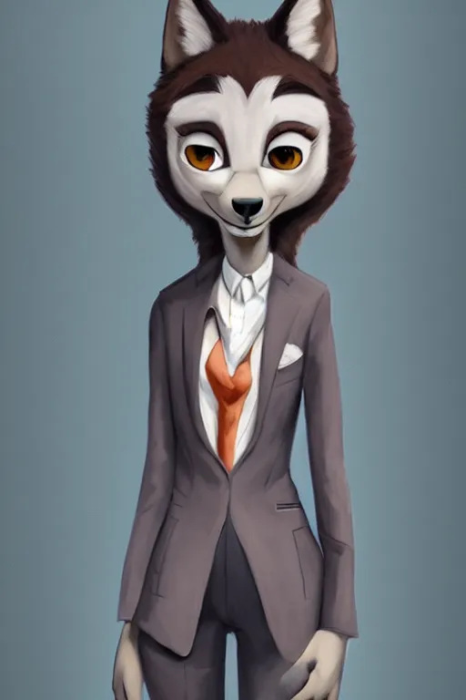 Prompt: oil painting concept art of anthromorphic female wolf, in style of cory loftis, female fursona, furry, furaffinity, 4 k, deviantart, furry art, fursona art, wearing black business suit, business suit, in style of zootopia, wolf fursona, cyberpunk, female, very expressive detailed feminine face,