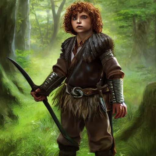 Image similar to a young warrior hobbit in leather armor with short hair and a dark green cloak hiking through the forest holding a hunting bow, trending on artstation, realistic, detailed, by Tony Sart