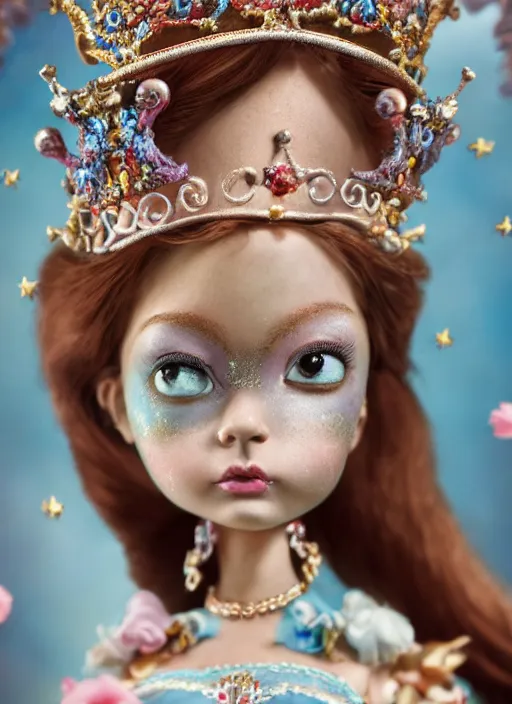 Image similar to closeup face profile portrait of a tin toy fairytale princess wearing a crown eating cakes, bikini, depth of field, zeiss lens, fashion photoshoot by nicoletta ceccoli, mark ryden, lostfish, breathtaking, detailed and intricate environment, 8 k resolution, extremely detailed, beautiful, establishing shot, artistic, hyperrealistic, octane render