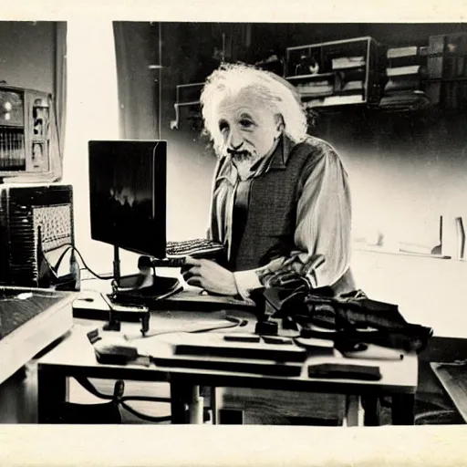 Image similar to Studio photo of Einstein building a PC, by Leibowitz, detailed, photorealistic