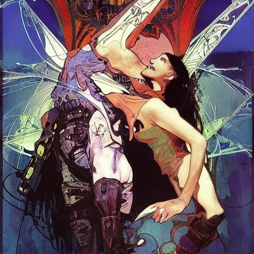 Image similar to cyberpunk dreaming by dave mckean and alphonse mucha and bill sienkiewicz