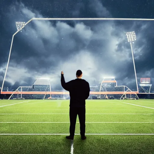 Image similar to A stoic football manager directing his team on the sideline of a giant gothic stadium, apocalyptic sky