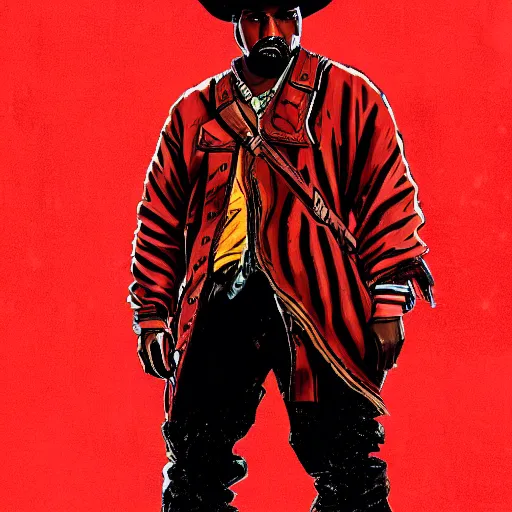 Image similar to kanye west in illustration red dead redemption 2 artwork of kanye west, in the style of red dead redemption 2 loading screen, by stephen bliss