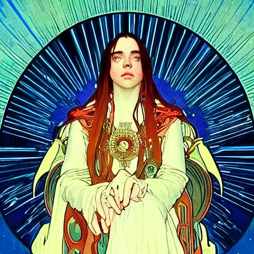 Image similar to closeup : billie eilish as the empress of the universe sits on stellar throne, concept art for a scifi film. by alphonse mucha and edward hopper. sharp focus, cinematic atmosphere, detailed and intricate, perfect anatomy, meticulous detail