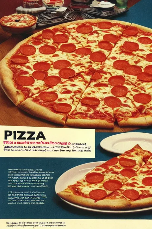 Prompt: pizza advert, from the 9 0 s, print on magazine