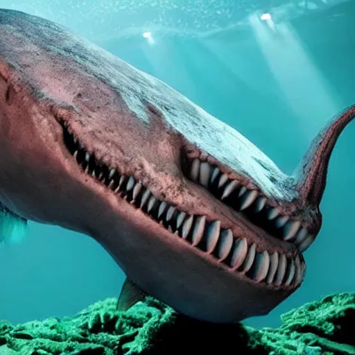 Image similar to horror movie still about a giant underwater sea creature, dark, scary