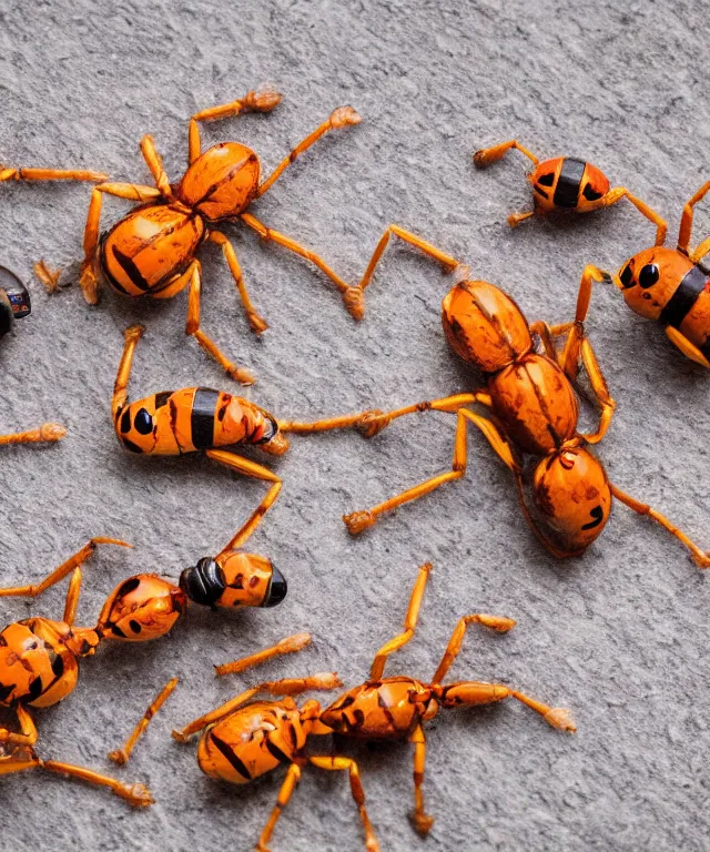 Prompt: high quality presentation photo of cute anthropomorphic ants eating crumbs, photography 4k f1.8 anamorphic bokeh 4k Canon Nikon