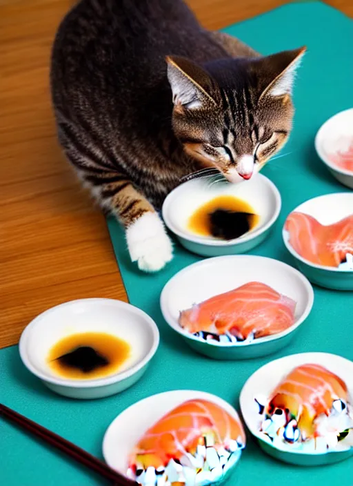 Image similar to clear photograph of cute cats stealing sushi from sushi plates