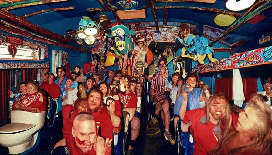 Prompt: 1990s photo of inside the Crazy Joe's Mystery House Show ride at Universal Studios in Orlando, Florida, riding a toilet car through Joe's nightmare , cinematic, UHD