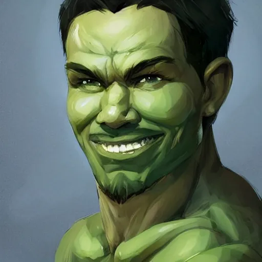 Prompt: a strong man with green skin and a warm smile, young man, wearing a toga, strong, scholarly, very short dark hair, peaceful, character art, full body art, Dungeons and Dragons, D&D, trending on artstation, artgerm, 4k ultra hd, sharp focus, digital art by Ilya Kuvshinov and Ross Tran