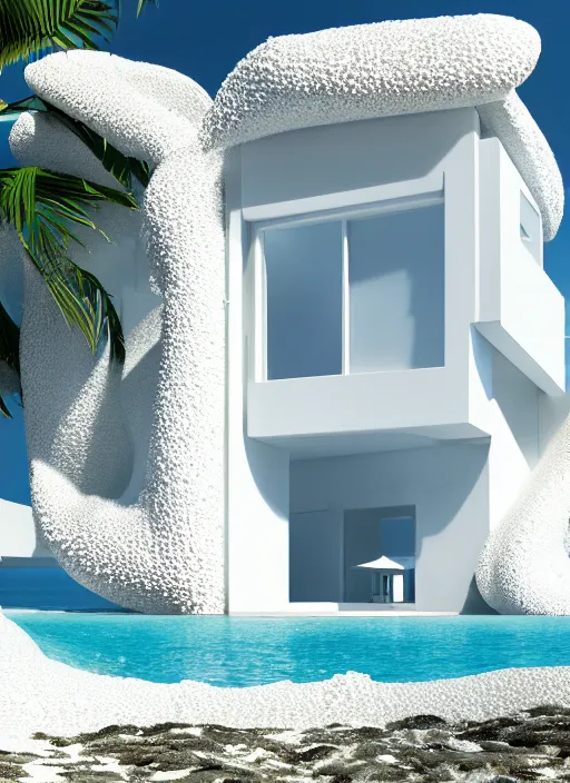 Image similar to bright white zen beach house made of geodes well contoured smooth fair walls, up close shot, sharp focus, global illumination, radiant light, alexandre ferra white mecha, irakli nadar, octane highly render, 4 k, ultra hd,