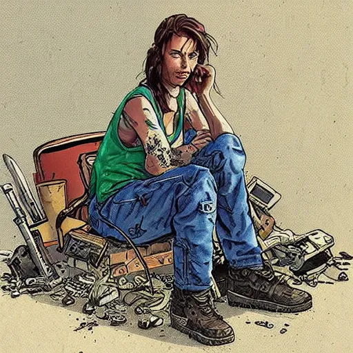 Image similar to “illustration of a tough looking woman sitting in a junkyard. Overalls and tools . Science fiction. Art by Mœbius. Character portrait. Character design. Concept art. Detailed face.”