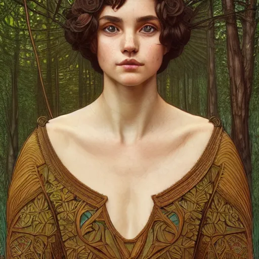 Image similar to symmetry portrait of welsh brunette student in mans tunic, tomboy, short hair, intricate forest background, intricate, elegant, highly detailed, digital painting, artstation, concept art, smooth, sharp focus, illustration, art by artgerm and greg rutkowski and fra angelico and alphons mucha