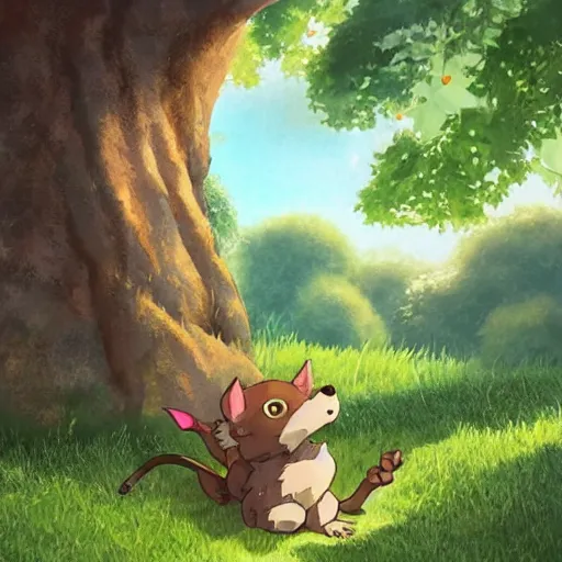 Image similar to A cute kobold is enjoying the sweet summer air under the shade of a great oak tree in summer. Ghibli style character focused artwork.