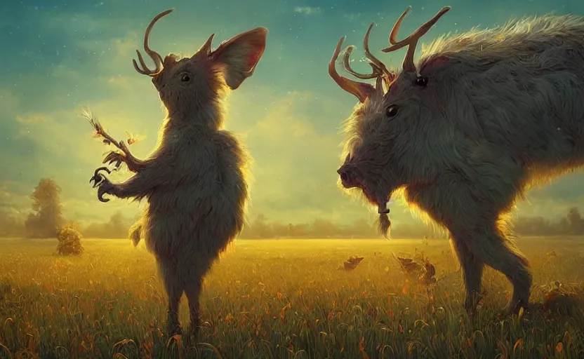 Image similar to a whimsical creature in a field, beautiful, warm dynamic lighting, atmospheric, cinematic, highly detailed digital art, painted by scott musgrove