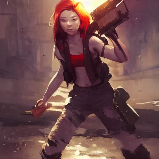 Image similar to A redheaded girl wearing a crop top, shorts and wielding a gun, character design by charles bowater,greg rutkowski,ross tran,hyperdetailed,hyperrealistic,4k,deviantart,artstation,professional photography,concept art, anime