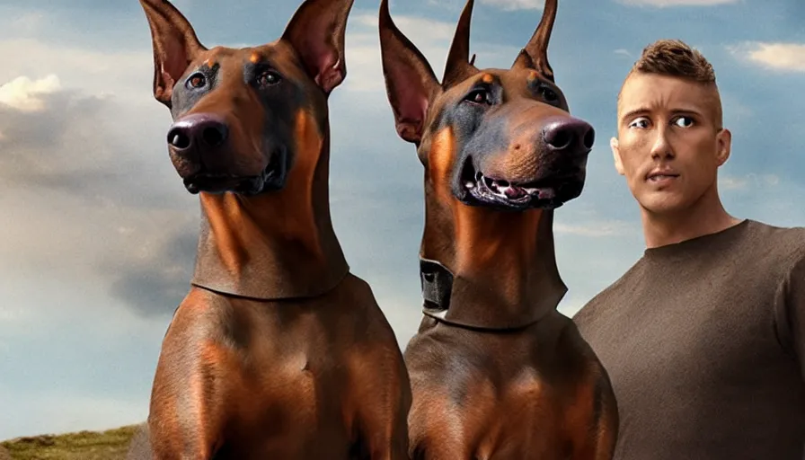 Image similar to big budget movie about a doberman super soldier