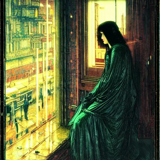 Image similar to cyberpunk noir in the style of john william waterhouse, kilian eng, rosetti, john everett millais, william holman hunt, 4 k photo autochrome