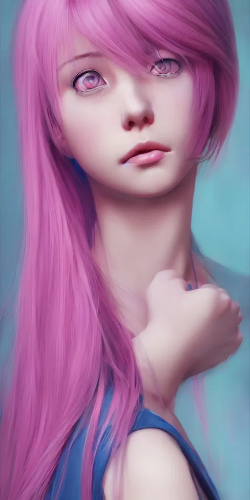 Prompt: one beautiful girl with pink and blue dyed hair, realistic female portrait, highly detailed, by ilya kuvshinov andmakoto shinkai, photorealistic