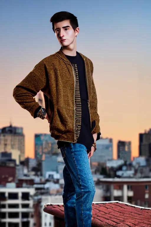 Image similar to un ultra high definition studio quality high fashion photographic portrait of a young man standing on the rooftop of an apartment building wearing all eclectic soft clothes and a reflective face shield. three point light. extremely detailed. golden hour, golden ratio, ray tracing, volumetric light, shallow depth of field. set dressed.