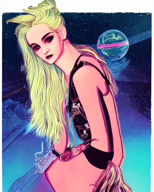 Prompt: a pulp illustration of a gorgeous kim petras in dead space, with wild blonde hair and haunted eyes, 1 9 7 0 s, space station, neon light, delicate embellishments, painterly, offset printing technique