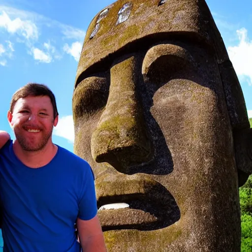 Image similar to a man hugging a giant moai statue