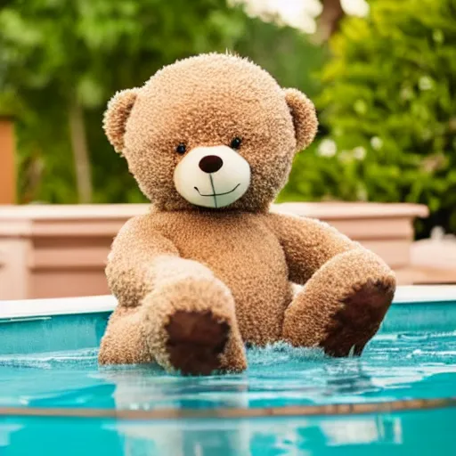 Prompt: a teddy bear playing in a pool