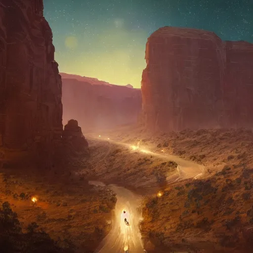 Image similar to the land of canyons and pineapples at night with a starry sky, cinematic, wide angle establishing shot, fantasy, hyperrealism, craig mullins, greg rutkowski, pete morbacher, tuomas korpi, tekkon kinreet, volumetric light, octane render, photorealistic concept art, highly detailed, very intricate