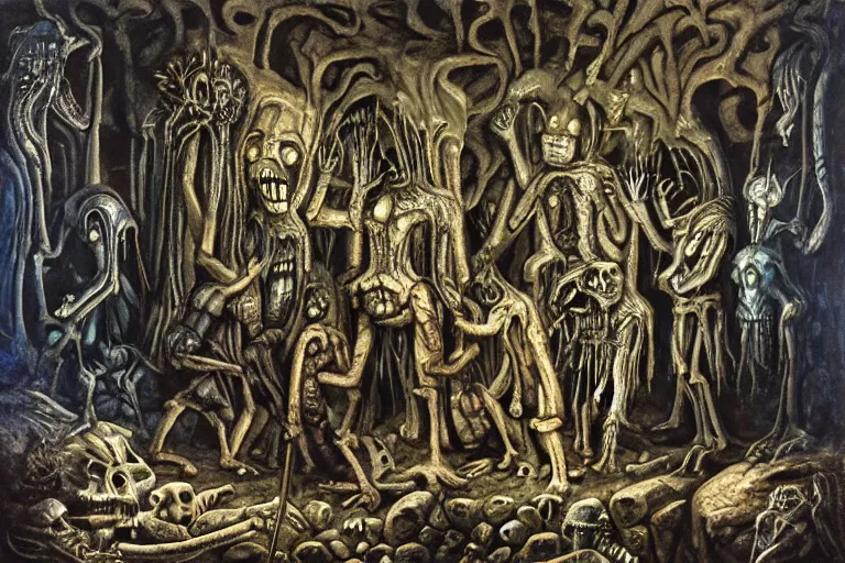 Image similar to stone age rave in a cave, necronom v, painting by h. r. giger