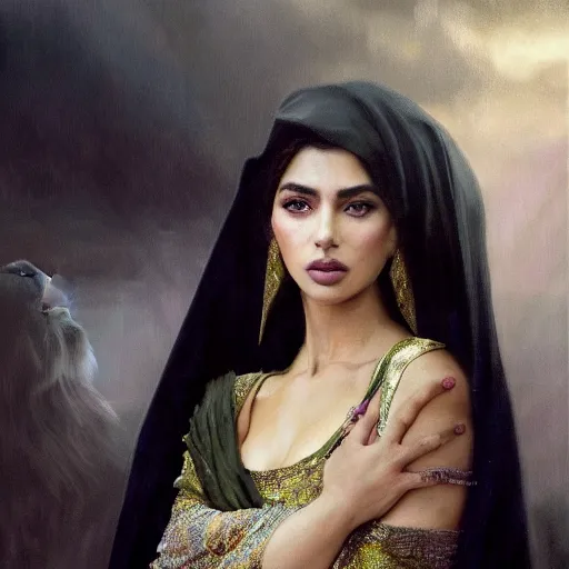 Prompt: a Photorealistic dramatic hyperrealistic render of an arab, queen Esther, ameera al taweel, green eyes, middle Eastern skin, eyes, black hair, white veil, with a pet lion by WLOP,Artgerm,Greg Rutkowski,Alphonse Mucha, Beautiful dynamic dramatic dark moody lighting,shadows,cinematic atmosphere,Artstation,concept design art,Octane render,8K