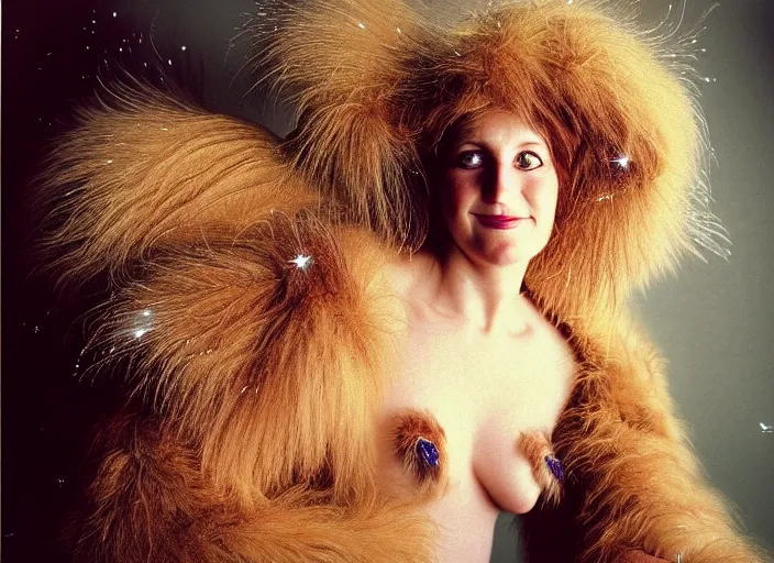 Image similar to realistic photo portrait of the woman morphing into a bird, morphing into a woman, hairy fur fluffy feathers with sparkles, in the wooden and fancy expensive wooden room interior, neutral colors, 1 9 9 0, life magazine reportage photo