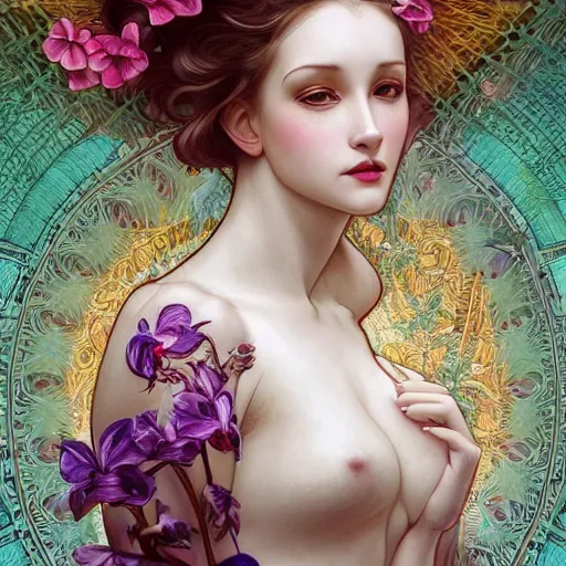 Image similar to a photograpic portrait of a anthropomorphic orchid wearing white clothes, iridescent colors, fantasy, intricate, elegant, highly detailed, digital painting, artstation, concept art, smooth, sharp focus, illustration, art by artgerm and H R Giger and alphonse mucha