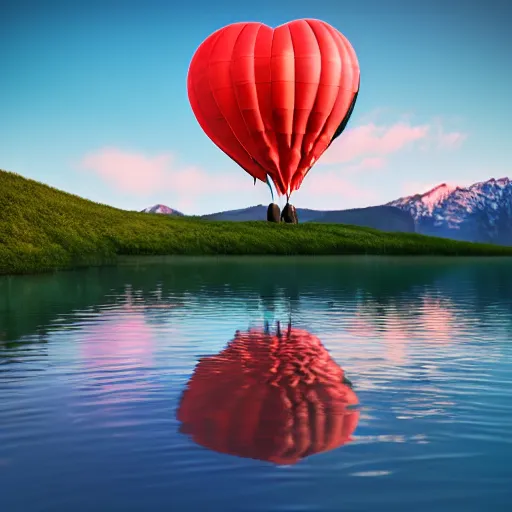 Image similar to photo of two black swans swimming in a beautiful reflective mountain lake, touching heads, forming a heart with their necks, a colorful hot air balloon is flying above the swans, hot air balloon, intricate, portrait, 8k highly professionally detailed, HDR, CGsociety, octane render, 4k