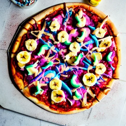 Image similar to unicorn pizza with banana and candy floss topping