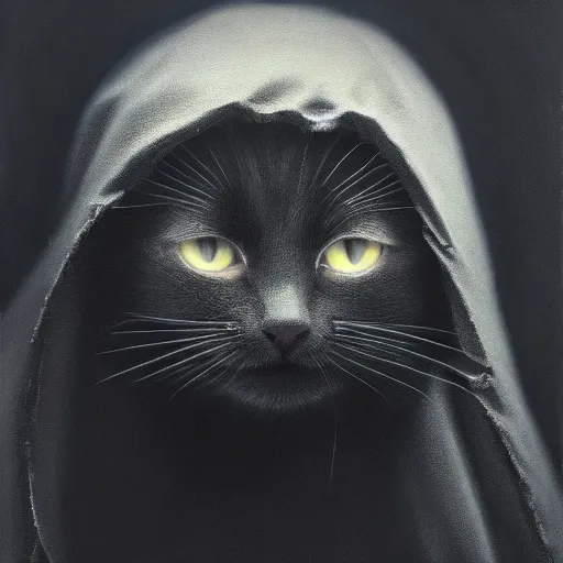 Image similar to a portrait of a kitten wearing a black hood, cloak covering face, anatomically correct, beautiful perfect face, enigmatic, oil painting, matte, black background, Volumetric dynamic lighting, Highly Detailed, Cinematic Lighting, Unreal Engine, 8k, HD, by Beksinski