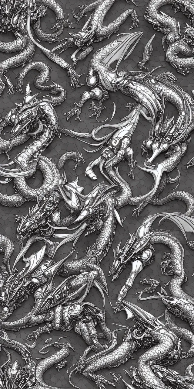 Image similar to a seamless pattern of giant galactic sized beautiful hot anthropomorphic robot mecha female dragons, detailed sleek silver armor, epic proportions, epic scale, symmetric, seamless pattern, tileable pattern, highly detailed digital art, futuristic, macro art, warframe fanart, destiny fanart, anthro, giantess, macro, furaffinity, deviantart, 8k 3D realism