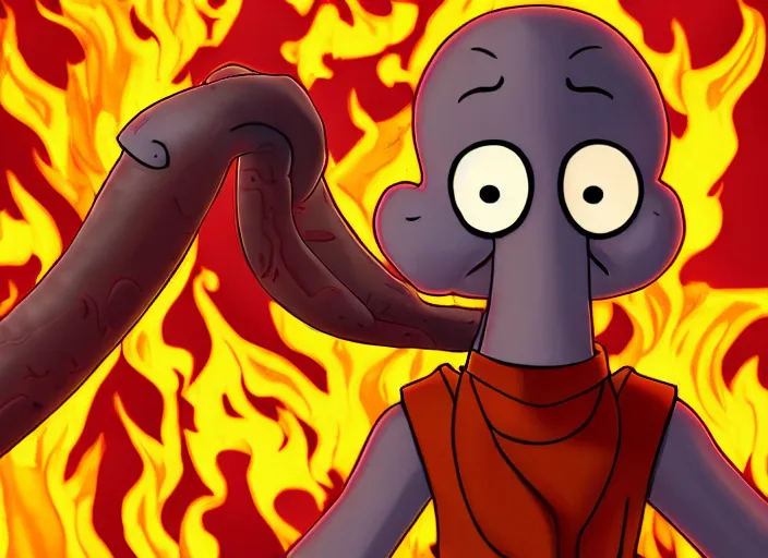 Prompt: squidward wearing fire nation clothing and practicing firebendingoutside at susnset, digital art, highly detailed, intricate, 8 k, sharp focus, photorealistic